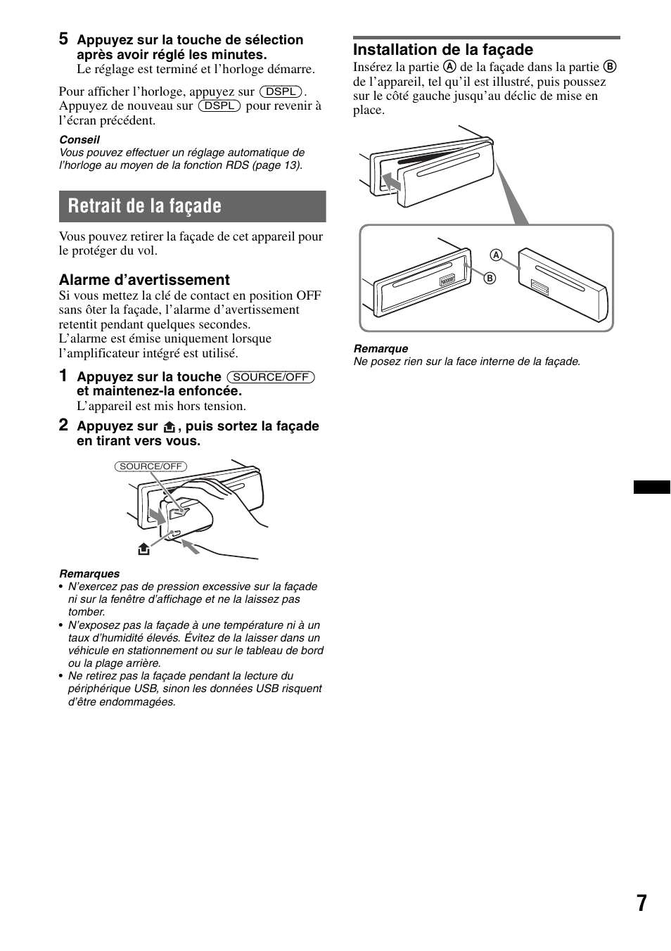 Retrait de la façade, Installation de la façade | Sony CDX GT54UIW User Manual | Page 31 / 80