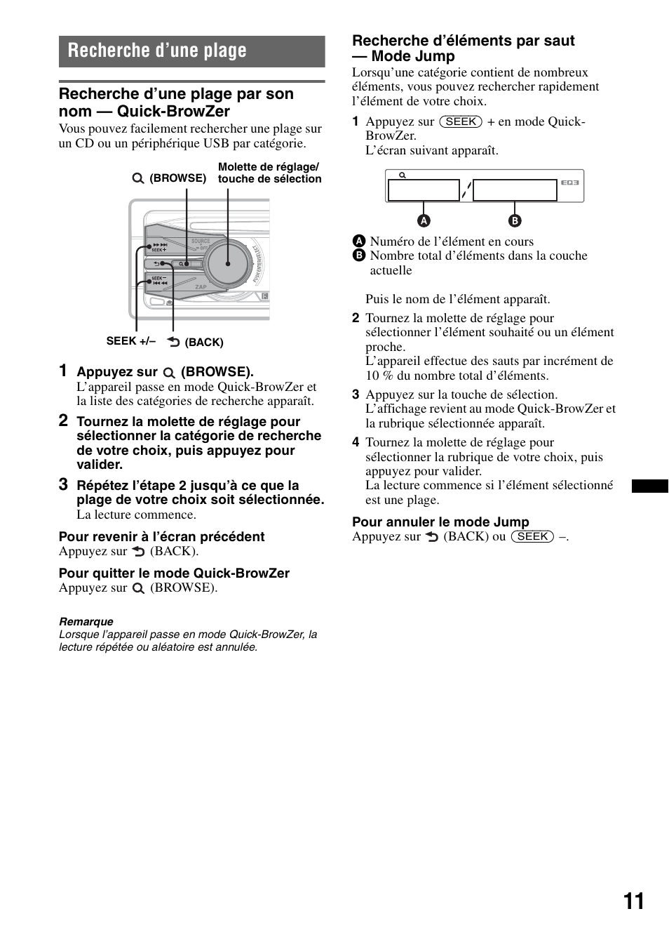 Recherche d’une plage, Recherche d’une plage par son nom - quick-browzer, Recherche d’une plage par son nom — quick-browzer | Sony CDX GT54UIW User Manual | Page 35 / 80