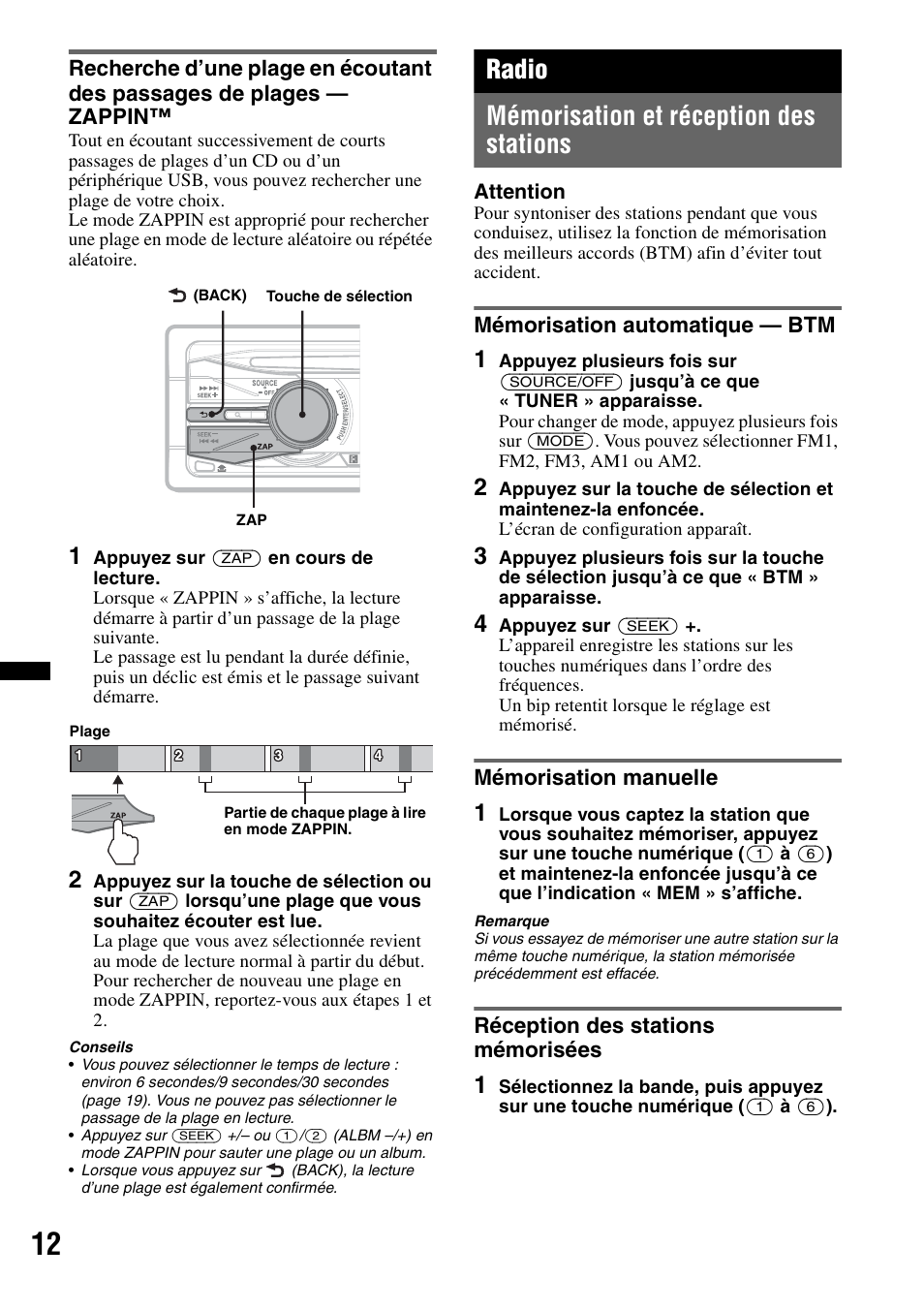 Radio, Mémorisation et réception des stations, Mémorisation automatique - btm | Mémorisation manuelle, Réception des stations mémorisées, Radio mémorisation et réception des stations | Sony CDX GT54UIW User Manual | Page 36 / 80