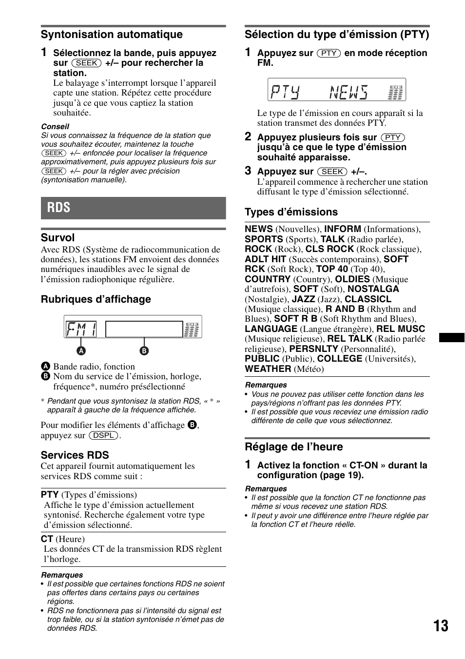 Syntonisation automatique, Survol, Sélection du type d’émission (pty) | Réglage de l’heure | Sony CDX GT54UIW User Manual | Page 37 / 80