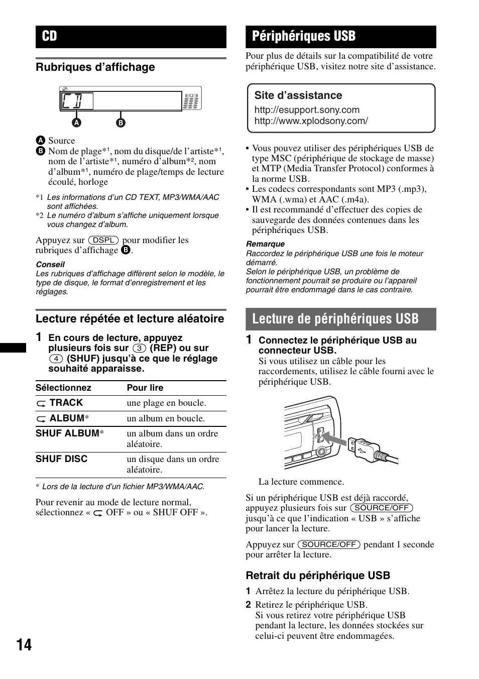 Rubriques d’affichage, Lecture répétée et lecture aléatoire, Périphériques usb | Lecture de périphériques usb | Sony CDX GT54UIW User Manual | Page 38 / 80