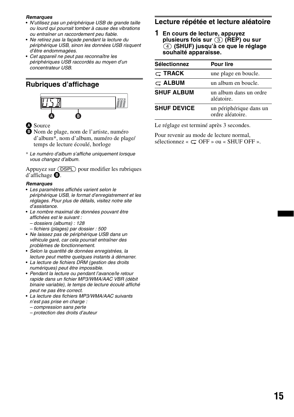 Rubriques d’affichage, Lecture répétée et lecture aléatoire | Sony CDX GT54UIW User Manual | Page 39 / 80