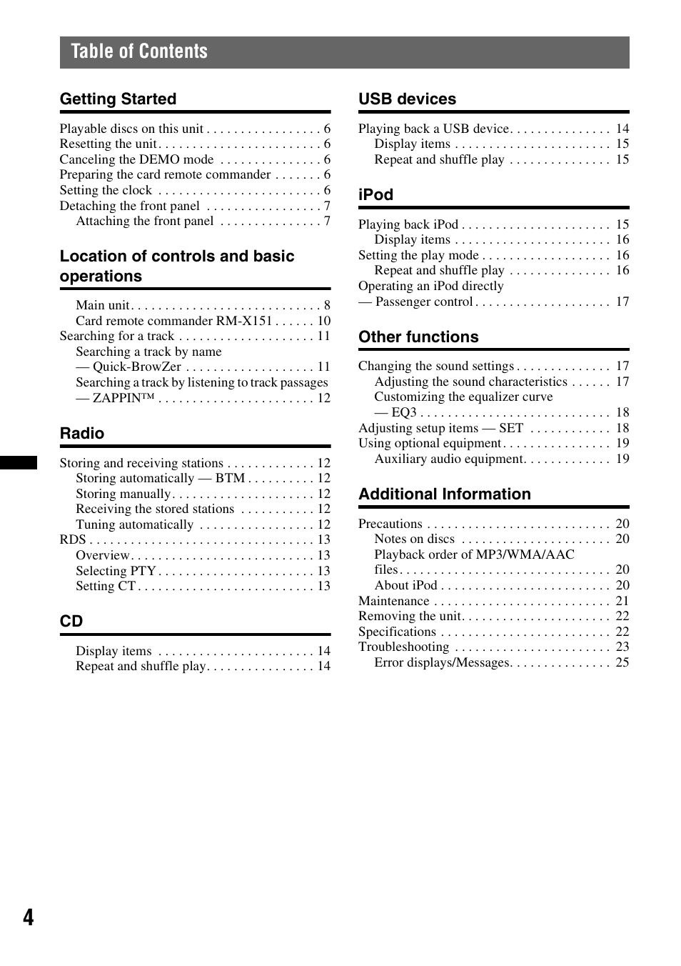 Sony CDX GT54UIW User Manual | Page 4 / 80