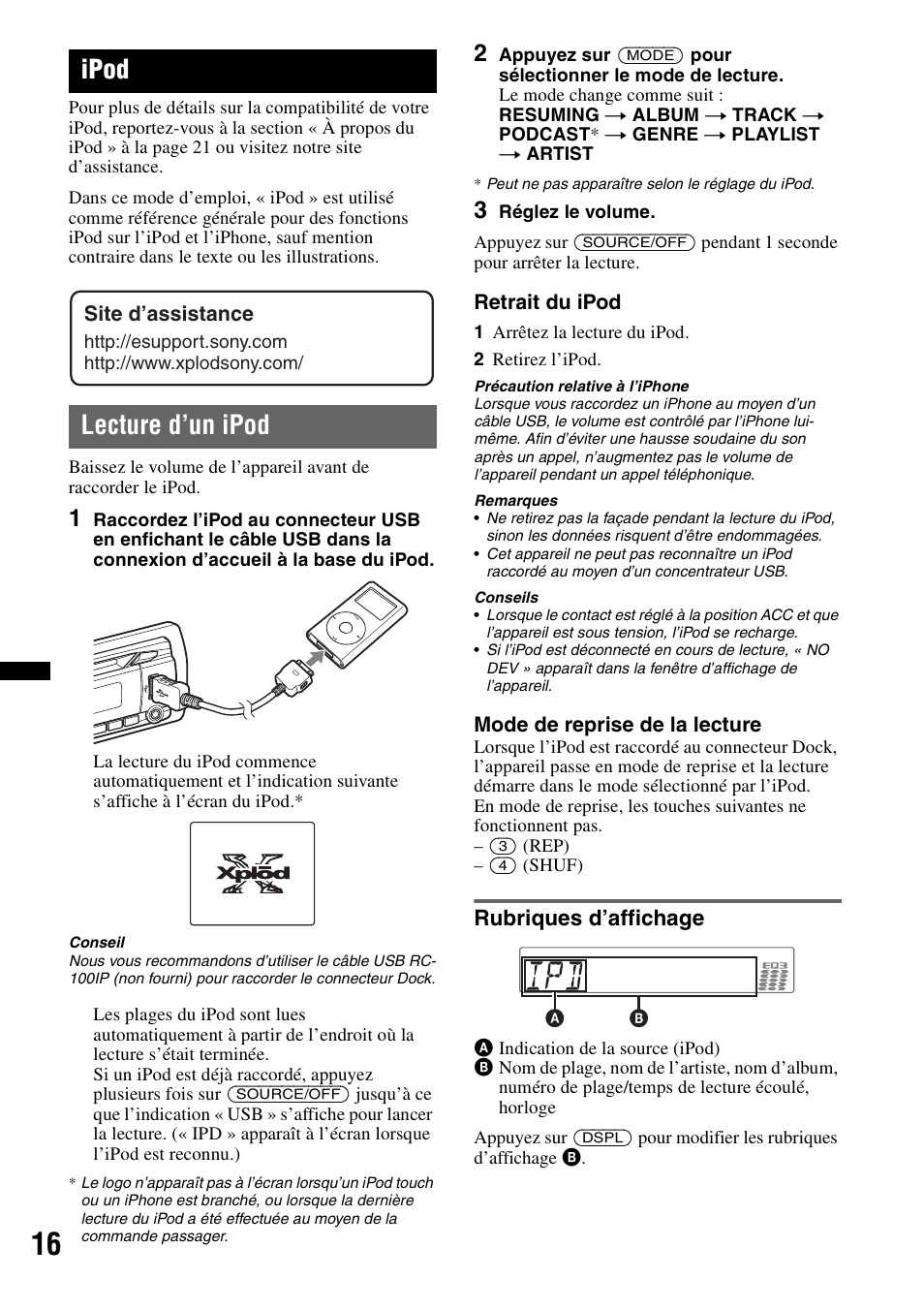 Ipod, Lecture d’un ipod, Rubriques d’affichage | Retrait du ipod, Mode de reprise de la lecture, Site d’assistance | Sony CDX GT54UIW User Manual | Page 40 / 80