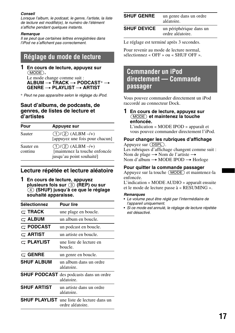 Réglage du mode de lecture, Lecture répétée et lecture aléatoire, Commander un ipod directement - commande passager | Commander un ipod directement — commande passager | Sony CDX GT54UIW User Manual | Page 41 / 80
