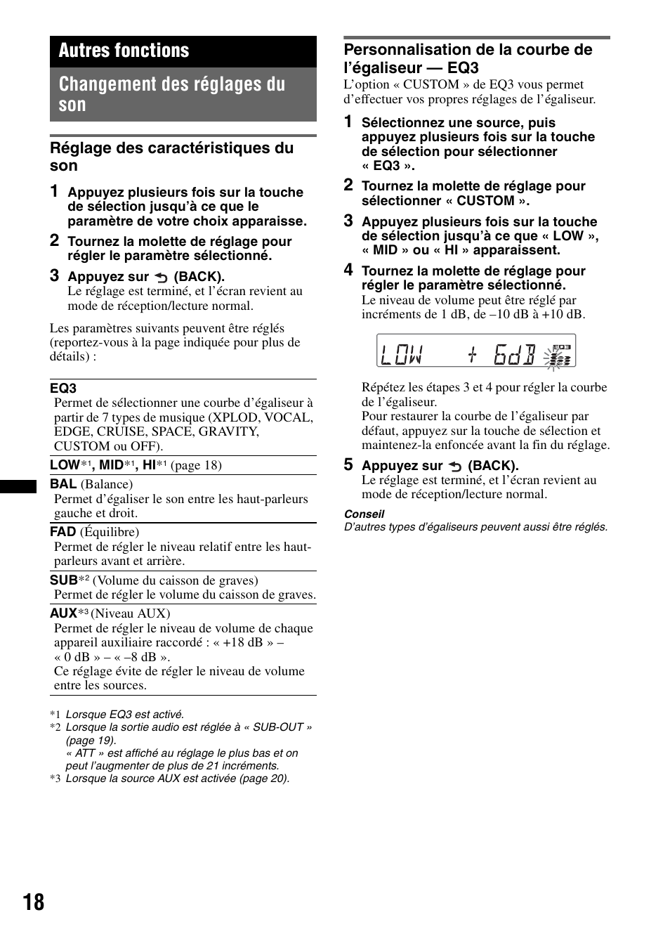 Autres fonctions, Changement des réglages du son, Réglage des caractéristiques du son | Personnalisation de la courbe de l’égaliseur - eq3, Autres fonctions changement des réglages du son | Sony CDX GT54UIW User Manual | Page 42 / 80