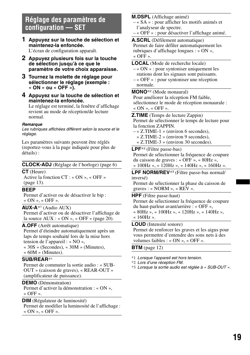 Réglage des paramètres de configuration - set, Réglage des paramètres de configuration — set | Sony CDX GT54UIW User Manual | Page 43 / 80