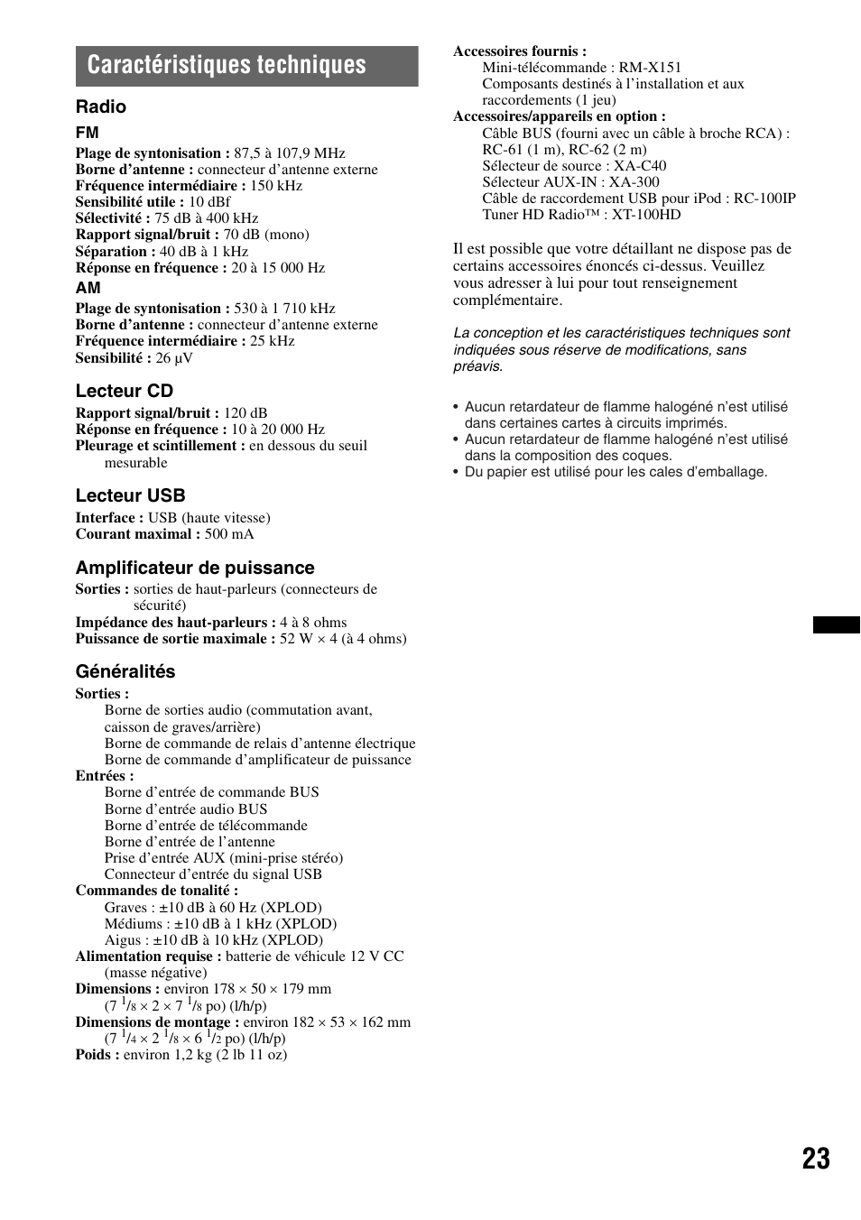 Caractéristiques techniques, Radio, Lecteur cd | Lecteur usb, Amplificateur de puissance, Généralités | Sony CDX GT54UIW User Manual | Page 47 / 80