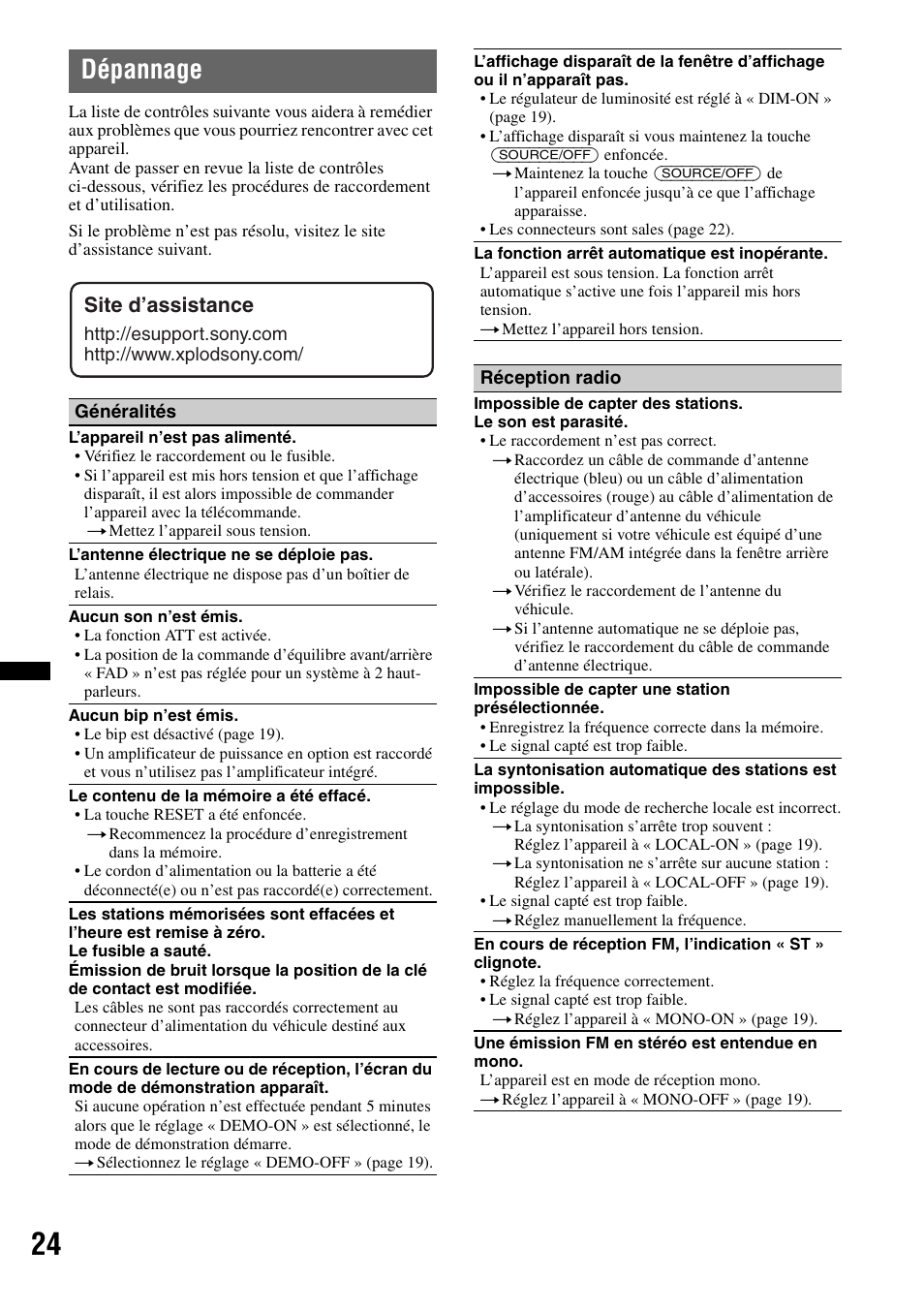 Dépannage, Site d’assistance | Sony CDX GT54UIW User Manual | Page 48 / 80