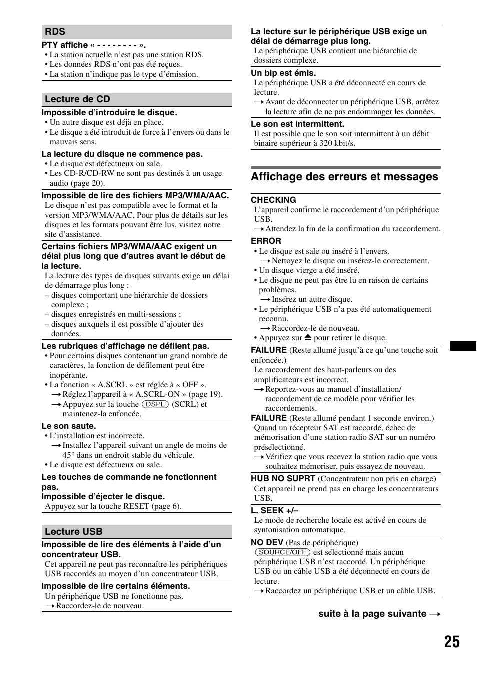 Affichage des erreurs et messages | Sony CDX GT54UIW User Manual | Page 49 / 80