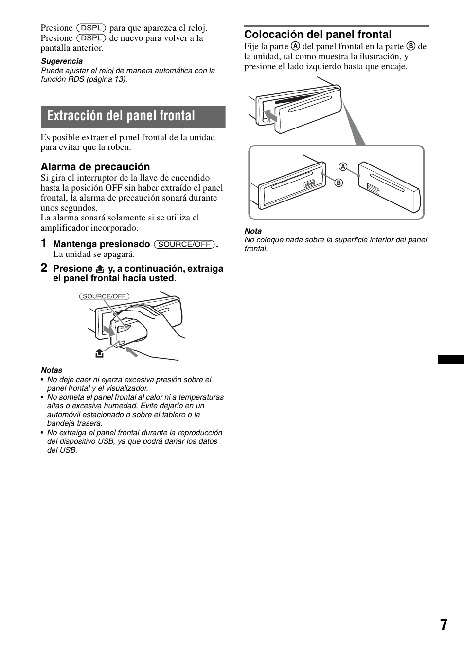 Extracción del panel frontal, Colocación del panel frontal | Sony CDX GT54UIW User Manual | Page 57 / 80
