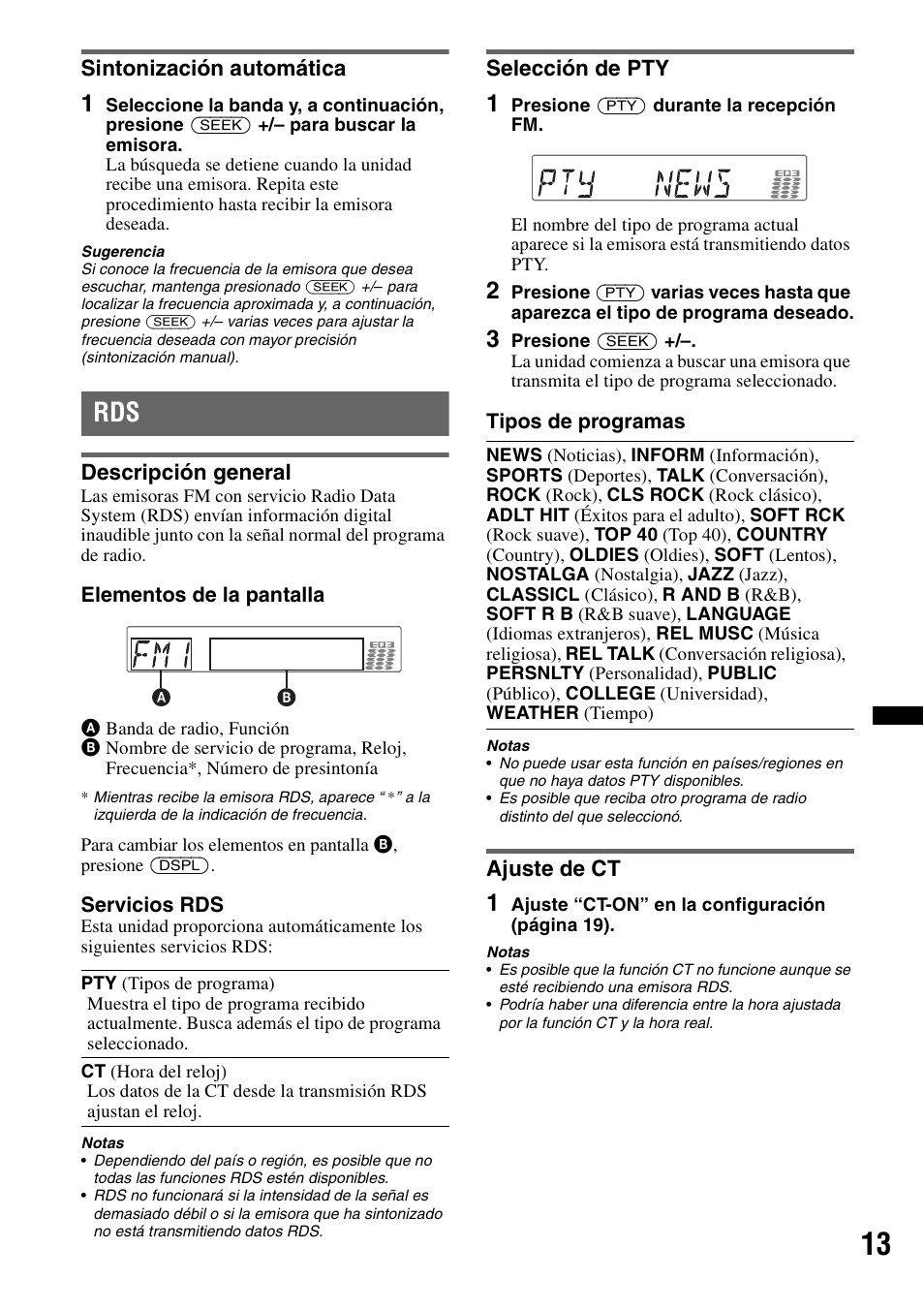 Sintonización automática, Descripción general, Selección de pty | Ajuste de ct, Descripción general selección de pty ajuste de ct | Sony CDX GT54UIW User Manual | Page 63 / 80