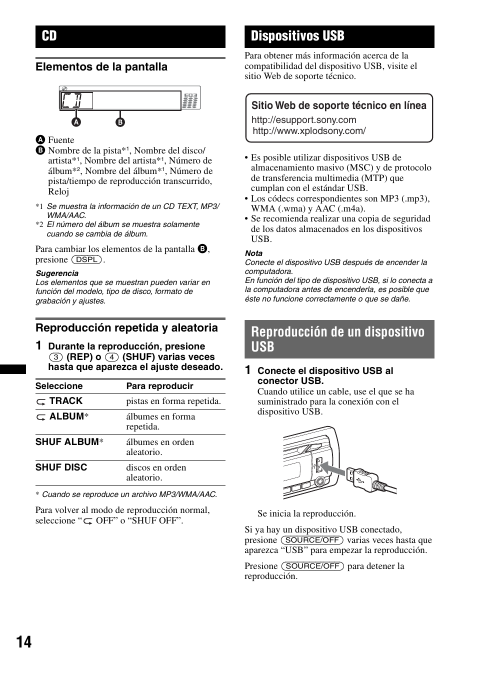 Elementos de la pantalla, Reproducción repetida y aleatoria, Dispositivos usb | Reproducción de un dispositivo usb | Sony CDX GT54UIW User Manual | Page 64 / 80