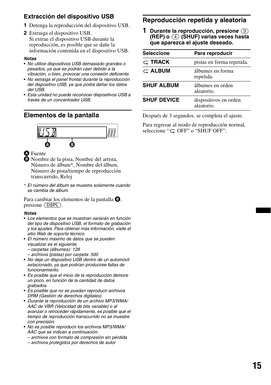 Elementos de la pantalla, Reproducción repetida y aleatoria | Sony CDX GT54UIW User Manual | Page 65 / 80