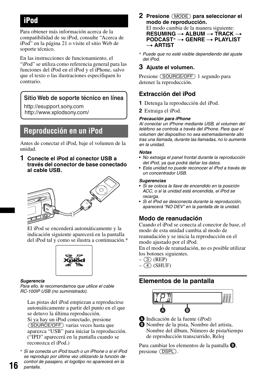 Ipod, Reproducción en un ipod, Elementos de la pantalla | Extracción del ipod, Modo de reanudación, Sitio web de soporte técnico en línea | Sony CDX GT54UIW User Manual | Page 66 / 80