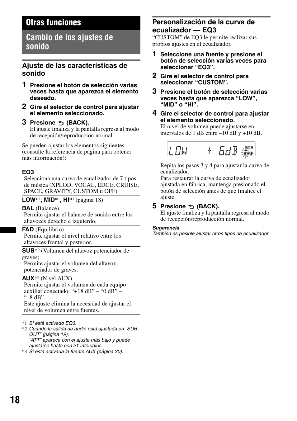 Otras funciones, Cambio de los ajustes de sonido, Ajuste de las características de sonido | Personalización de la curva de ecualizador - eq3, Otras funciones cambio de los ajustes de sonido | Sony CDX GT54UIW User Manual | Page 68 / 80