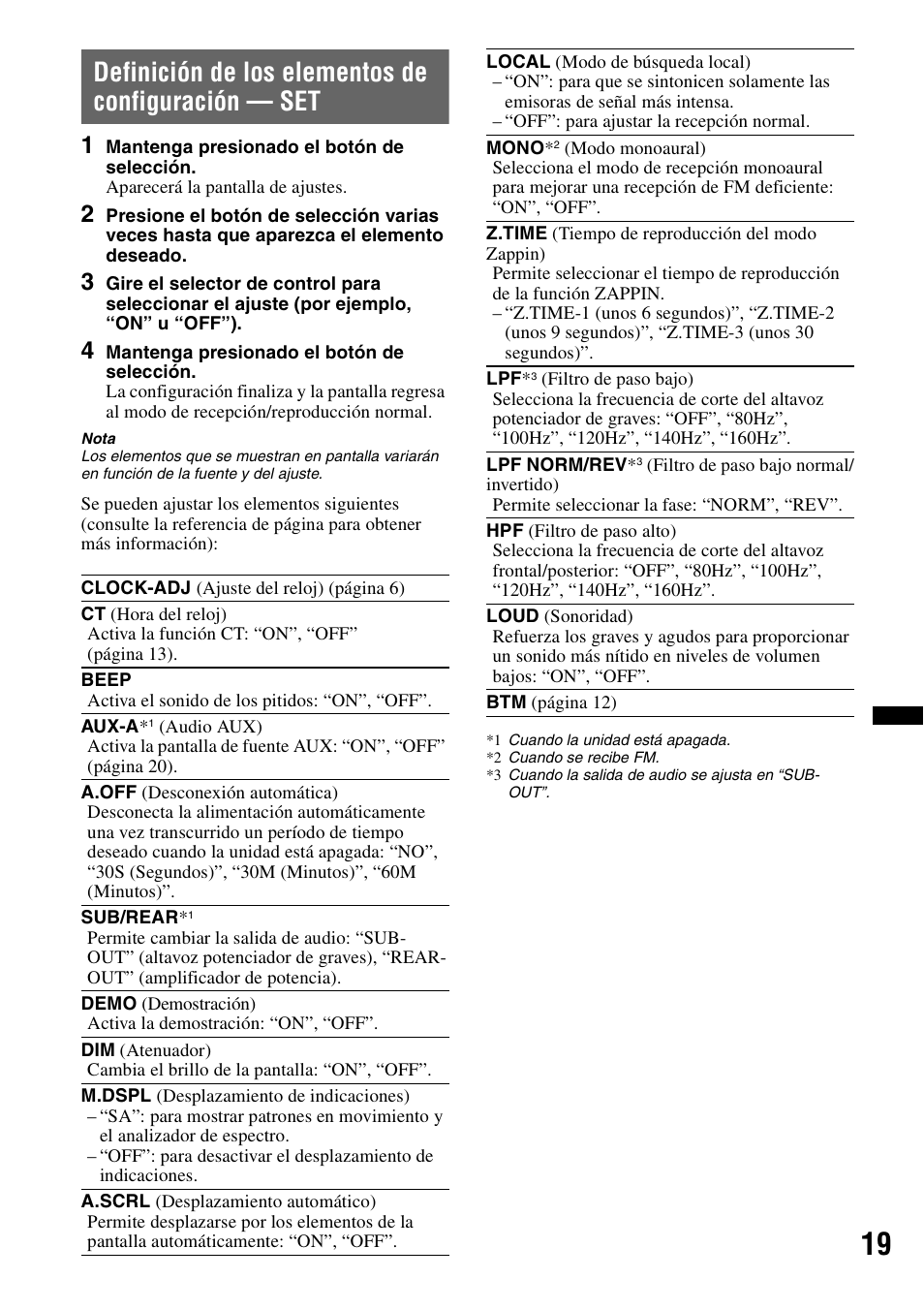 Definición de los elementos de configuración - set, Definición de los elementos de configuración — set | Sony CDX GT54UIW User Manual | Page 69 / 80