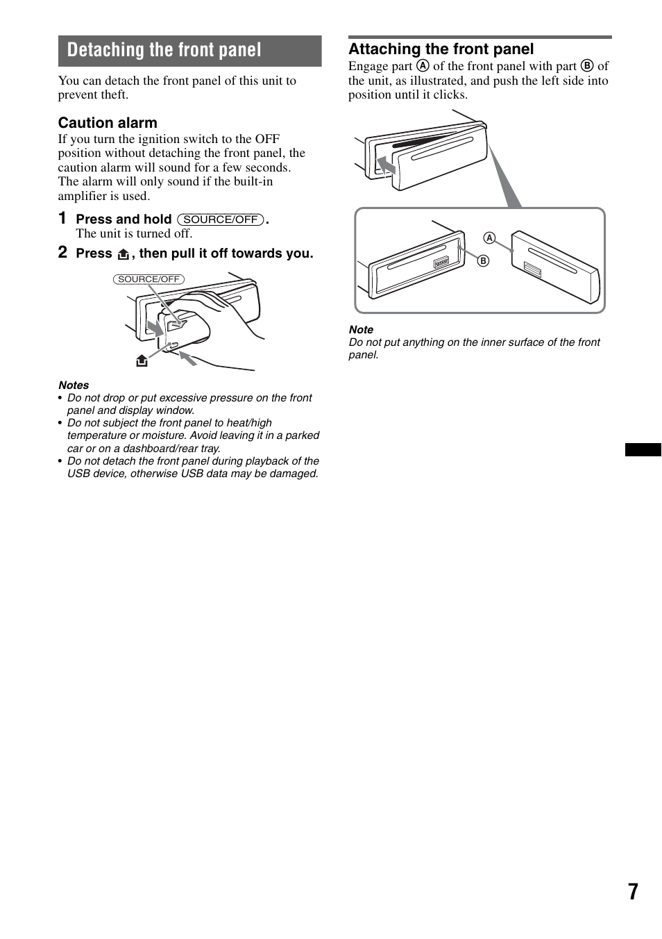 Detaching the front panel, Attaching the front panel | Sony CDX GT54UIW User Manual | Page 7 / 80