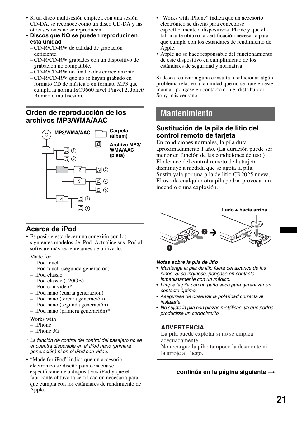 Orden de reproducción de los archivos mp3/wma/aac, Acerca de ipod, Mantenimiento | Sony CDX GT54UIW User Manual | Page 71 / 80