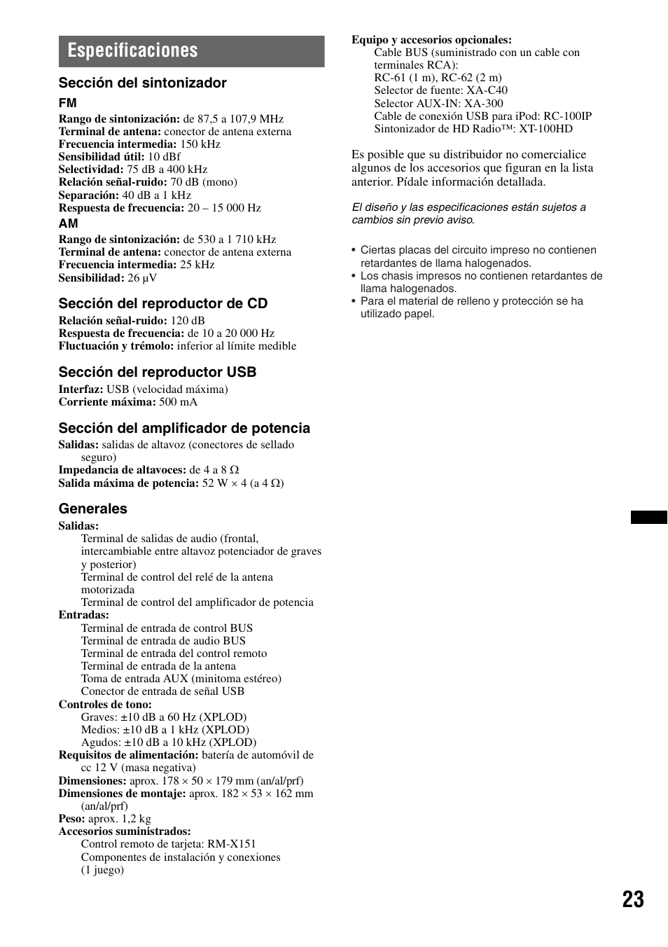 Especificaciones | Sony CDX GT54UIW User Manual | Page 73 / 80