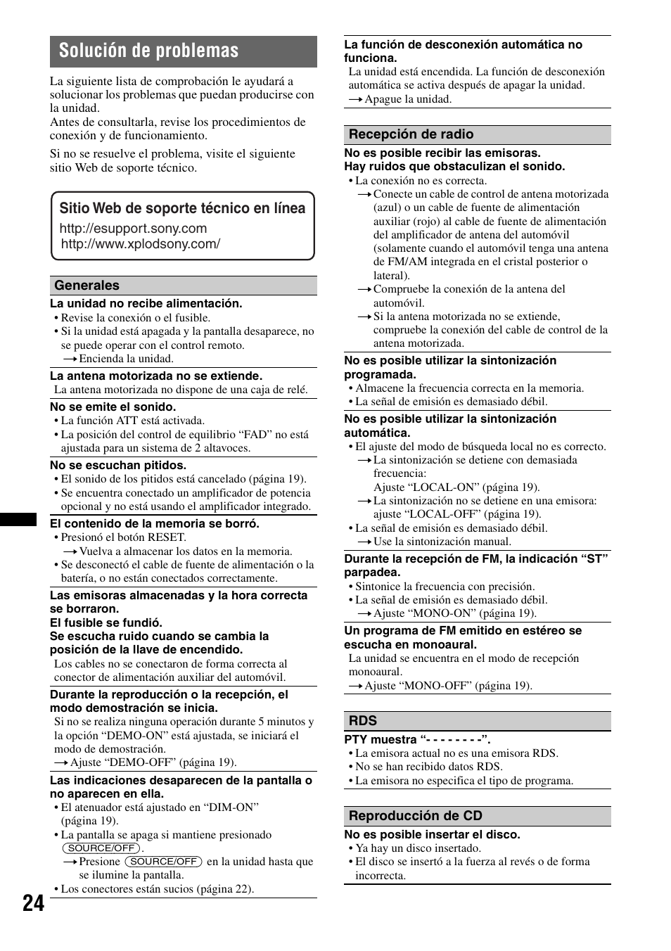 Solución de problemas, Sitio web de soporte técnico en línea | Sony CDX GT54UIW User Manual | Page 74 / 80