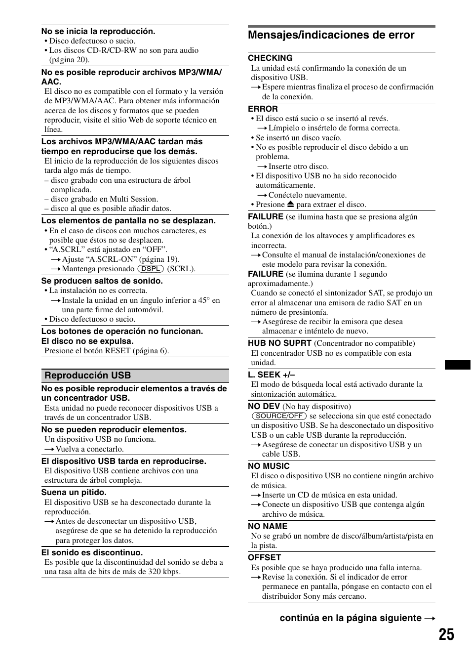 Mensajes/indicaciones de error | Sony CDX GT54UIW User Manual | Page 75 / 80