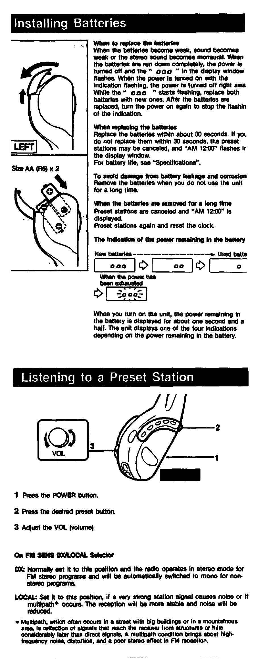 Installing batteries, Listening to a preset station | Sony SRF-HM55 User Manual | Page 4 / 6