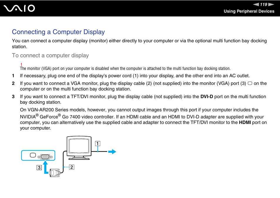 Connecting a computer display | Sony VGN-FE780G User Manual | Page 119 / 236