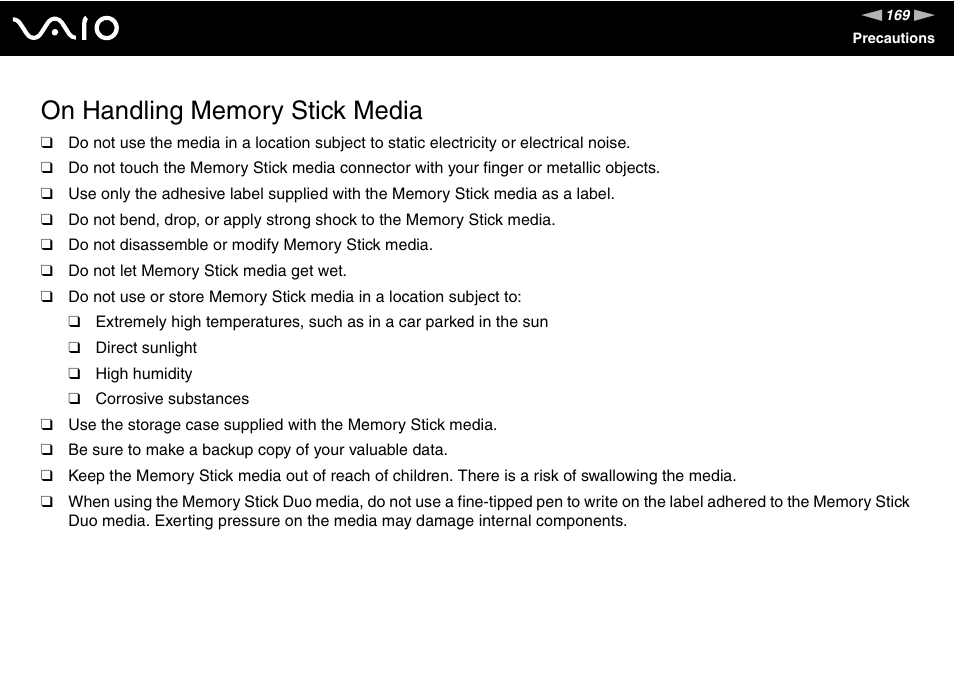 On handling memory stick media | Sony VGN-FE780G User Manual | Page 169 / 236