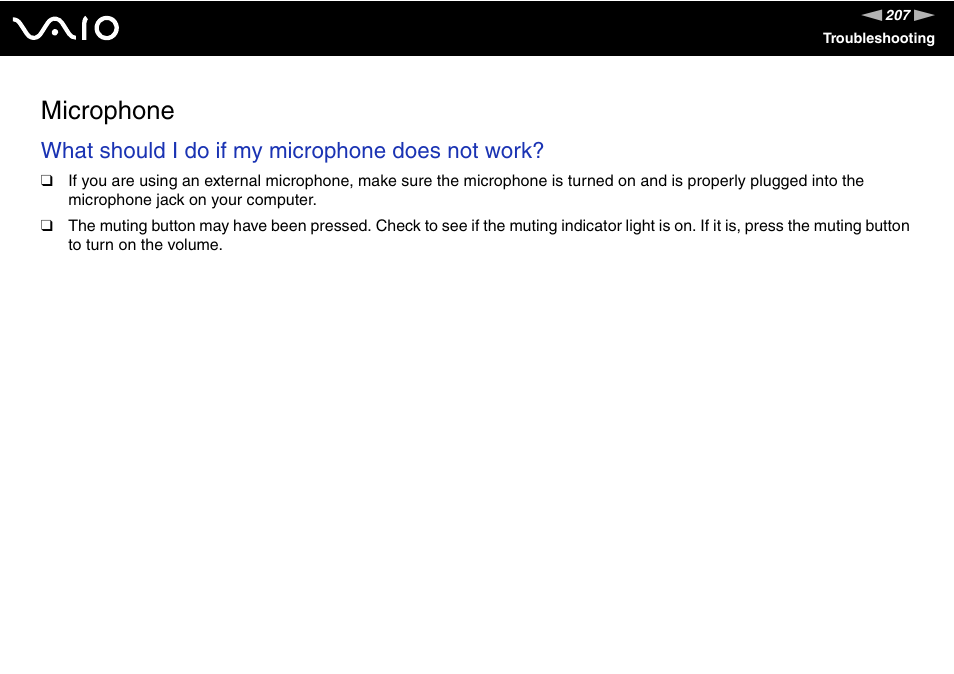 Microphone, What should i do if my microphone does not work | Sony VGN-FE780G User Manual | Page 207 / 236
