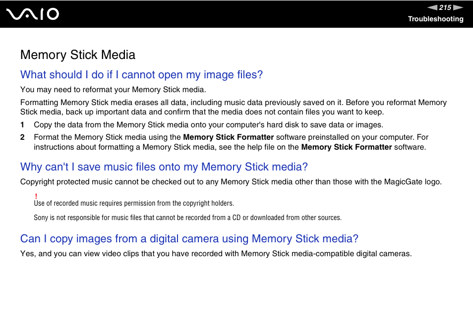 Memory stick media, What should i do if i cannot open my image files | Sony VGN-FE780G User Manual | Page 215 / 236