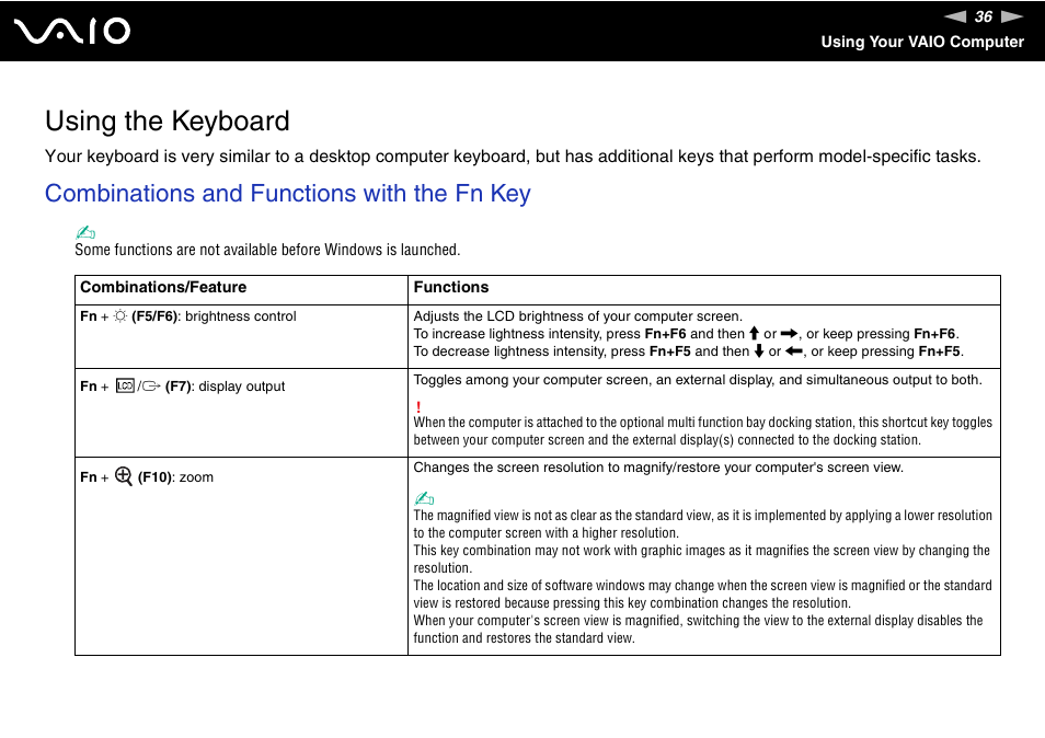 Using the keyboard, Combinations and functions with the fn key | Sony VGN-FE780G User Manual | Page 36 / 236
