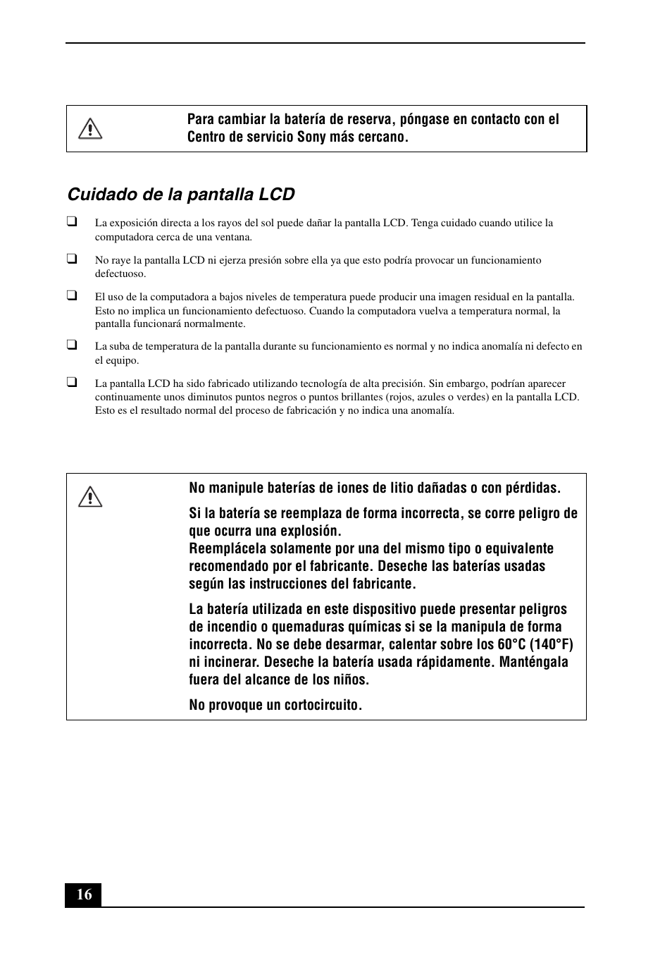 Cuidado de la pantalla lcd | Sony VPCW121AX User Manual | Page 16 / 24