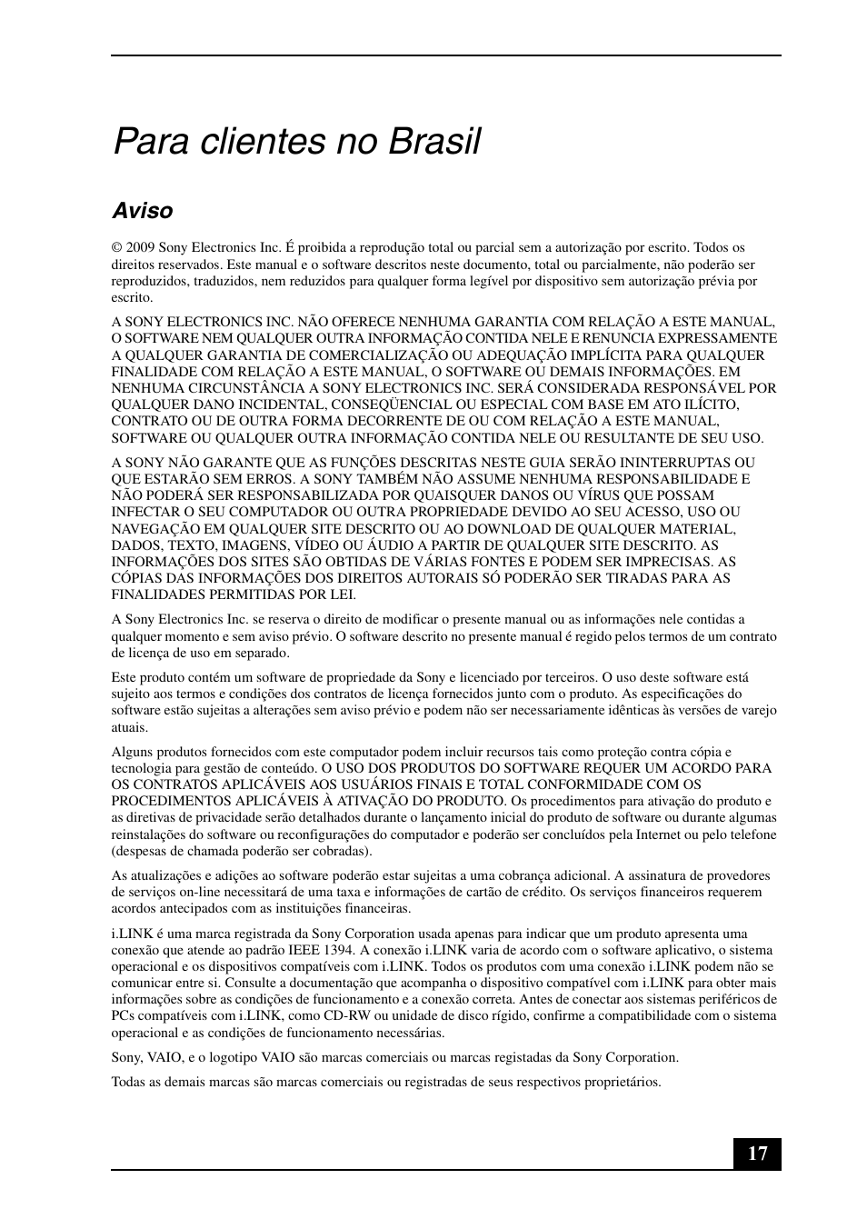 Para clientes no brasil, Aviso | Sony VPCW121AX User Manual | Page 17 / 24