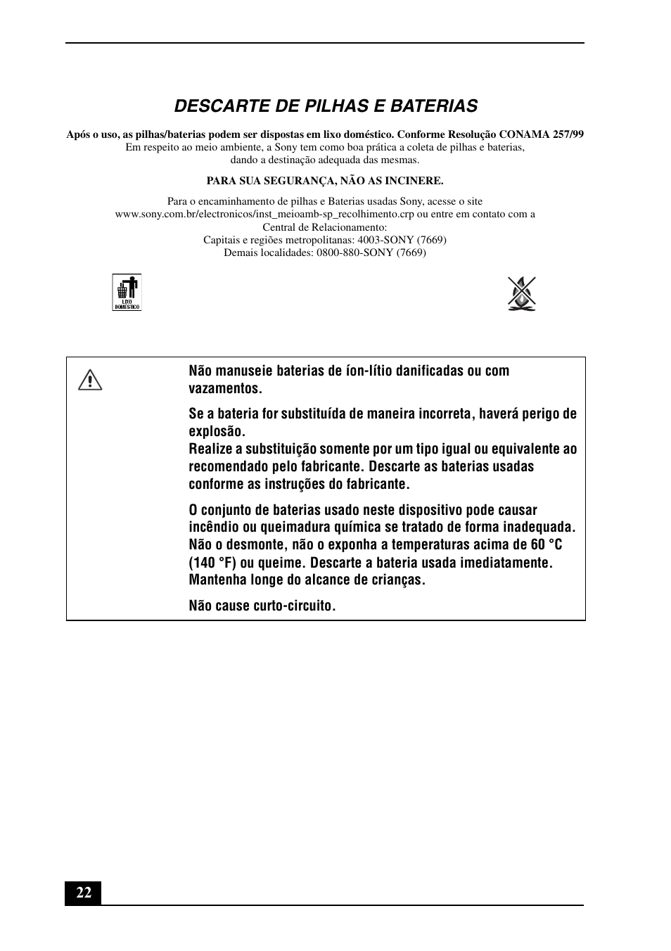 Descarte de pilhas e baterias | Sony VPCW121AX User Manual | Page 22 / 24