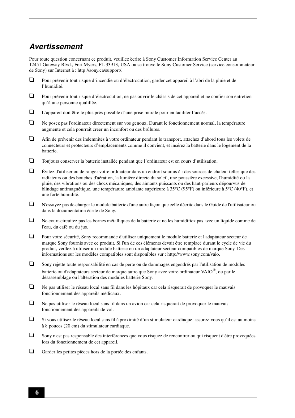 Avertissement | Sony VPCW121AX User Manual | Page 6 / 24