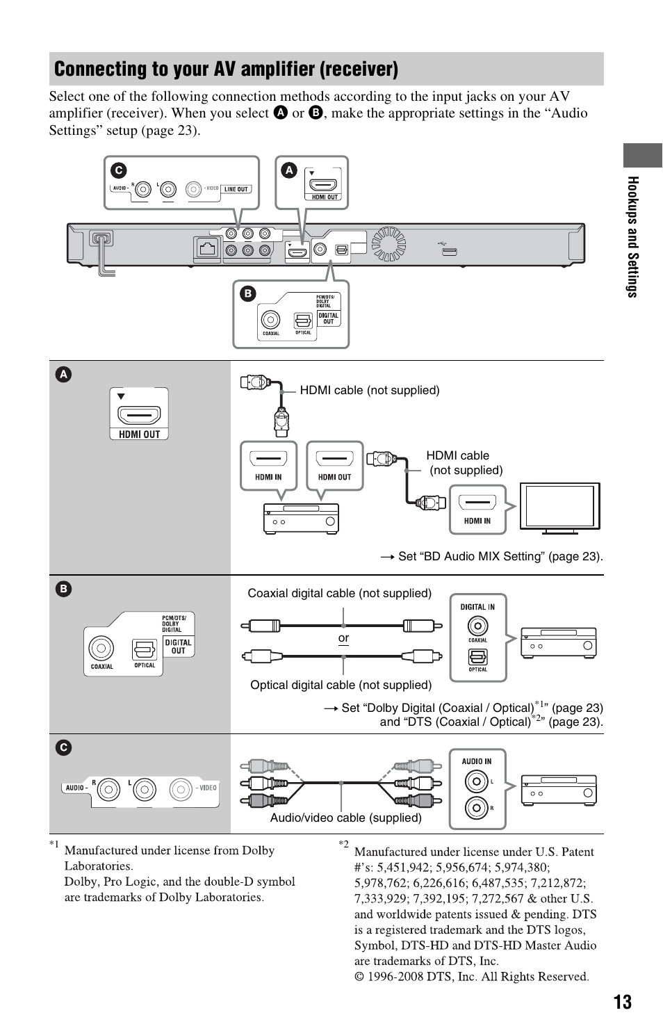 Connecting to your av amplifier (receiver) | Sony BDP-S470 User Manual | Page 13 / 39
