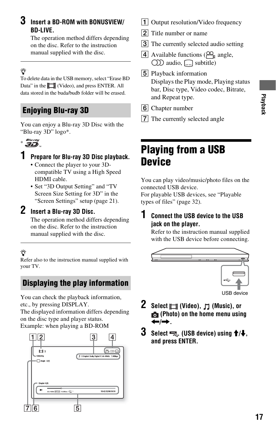 Playing from a usb device | Sony BDP-S470 User Manual | Page 17 / 39