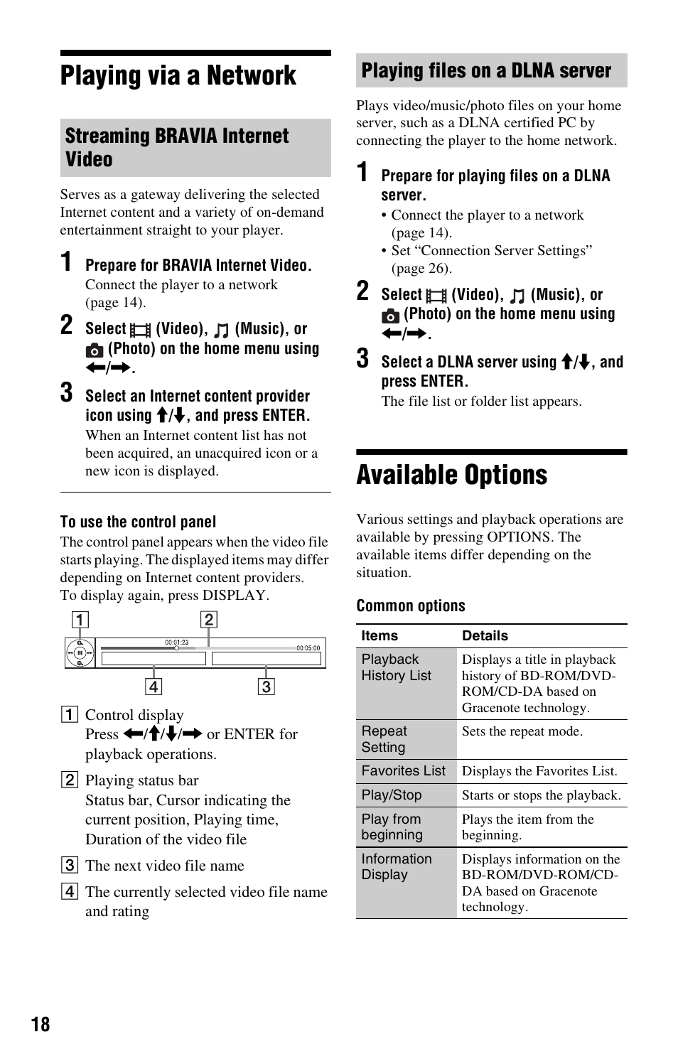 Playing via a network, Available options, Playing via a network available options | Sony BDP-S470 User Manual | Page 18 / 39