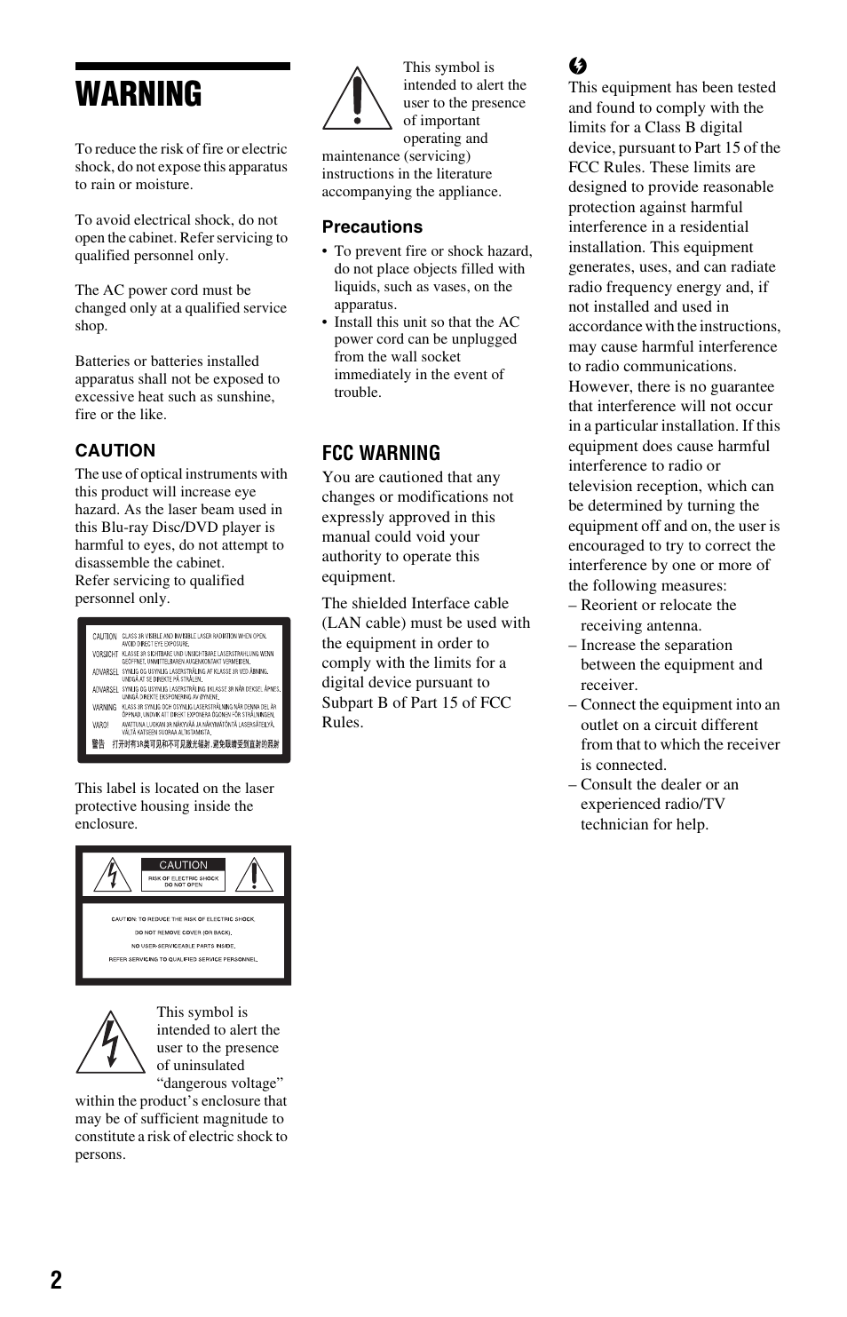 Warning | Sony BDP-S470 User Manual | Page 2 / 39