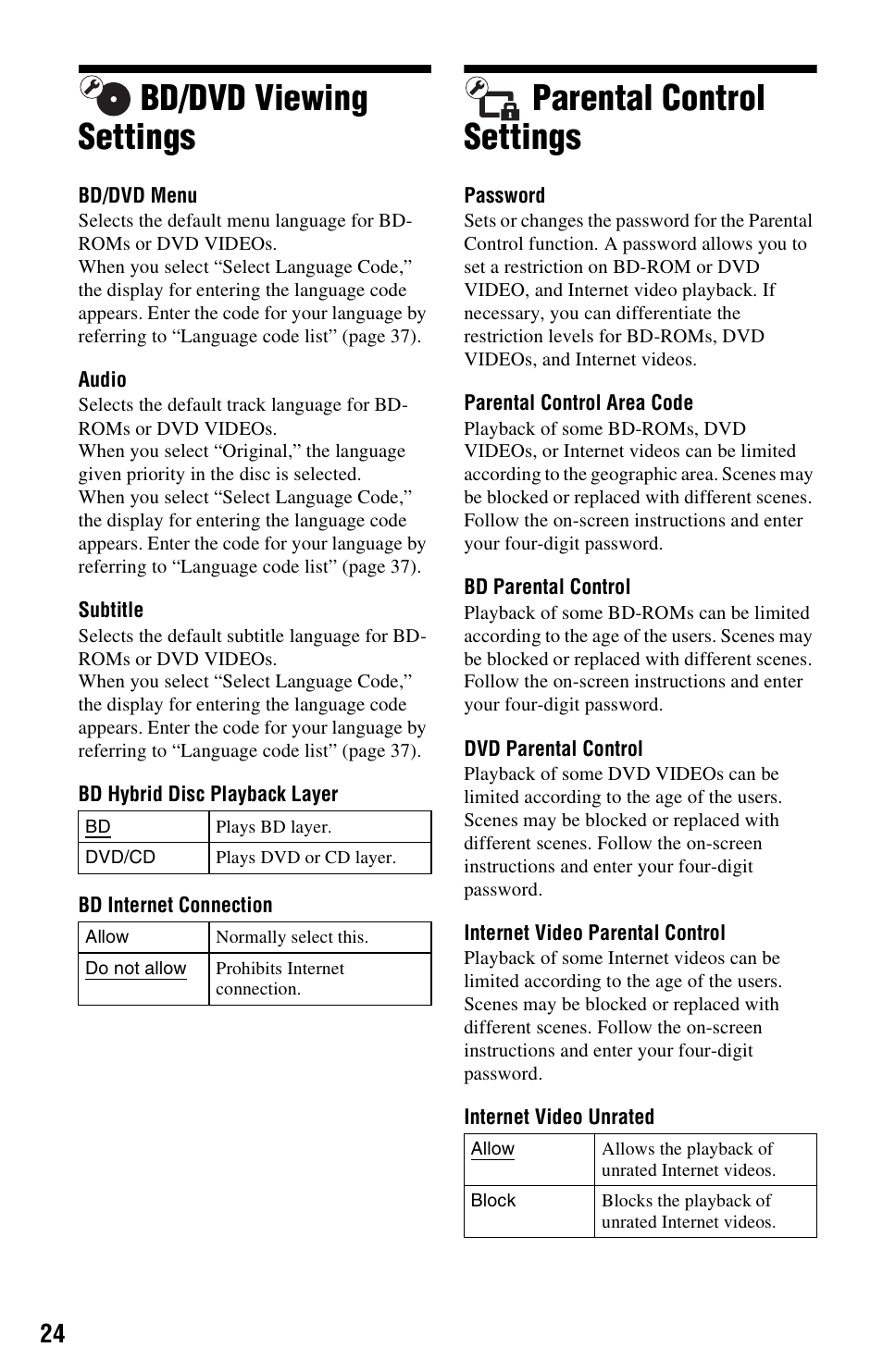 Bd/dvd viewing settings, Parental control settings, Bd/dvd viewing settings parental control settings | Sony BDP-S470 User Manual | Page 24 / 39