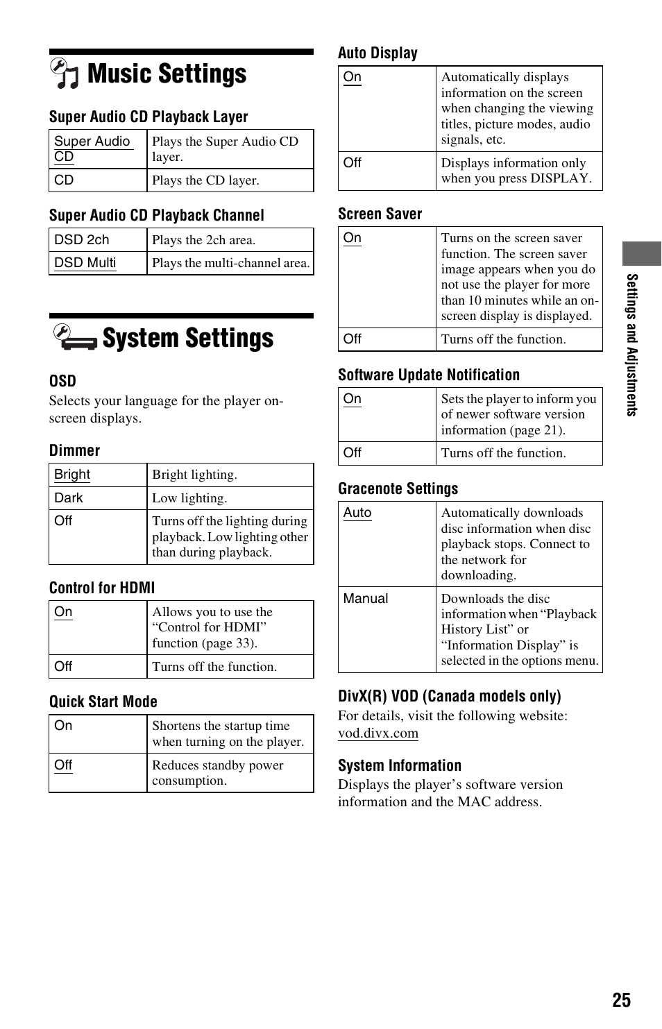 Music settings, System settings, Music settings system settings | Sony BDP-S470 User Manual | Page 25 / 39