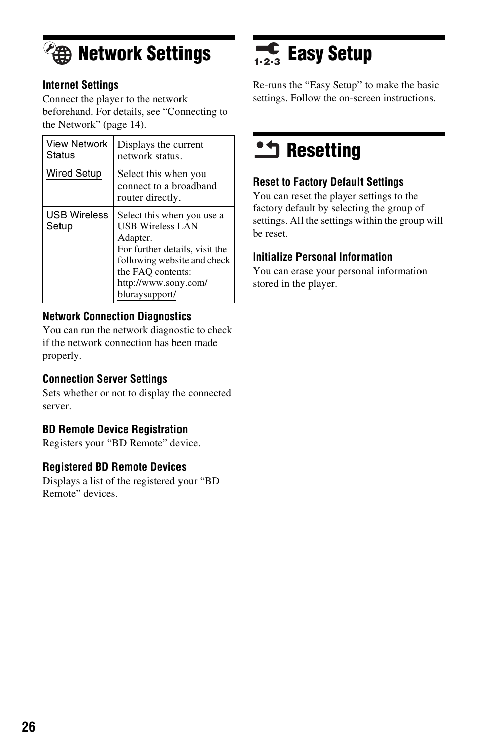 Network settings, Easy setup, Resetting | Network settings easy setup resetting | Sony BDP-S470 User Manual | Page 26 / 39