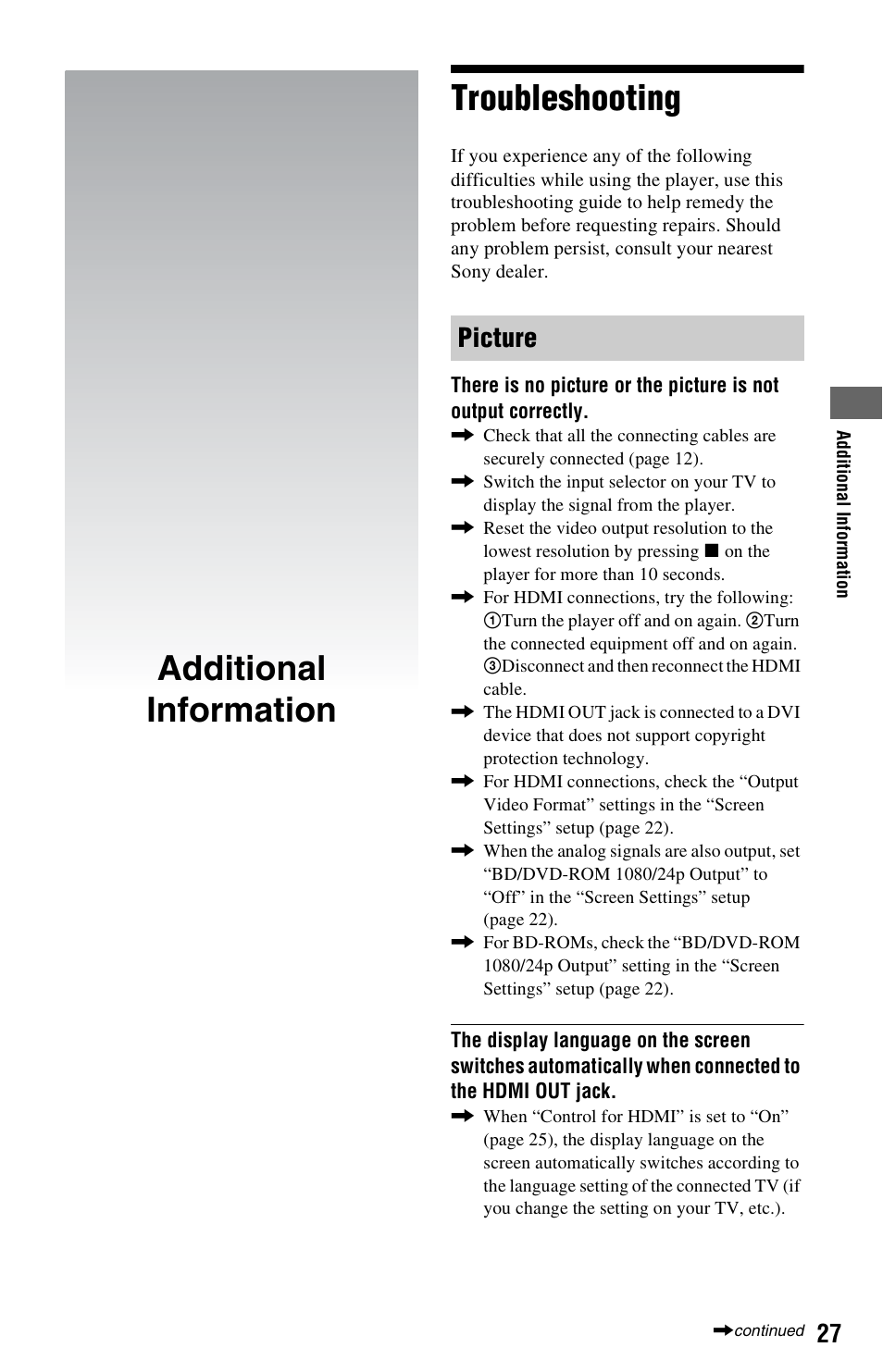 Additional information, Troubleshooting, Additional information troubleshooting | Picture | Sony BDP-S470 User Manual | Page 27 / 39