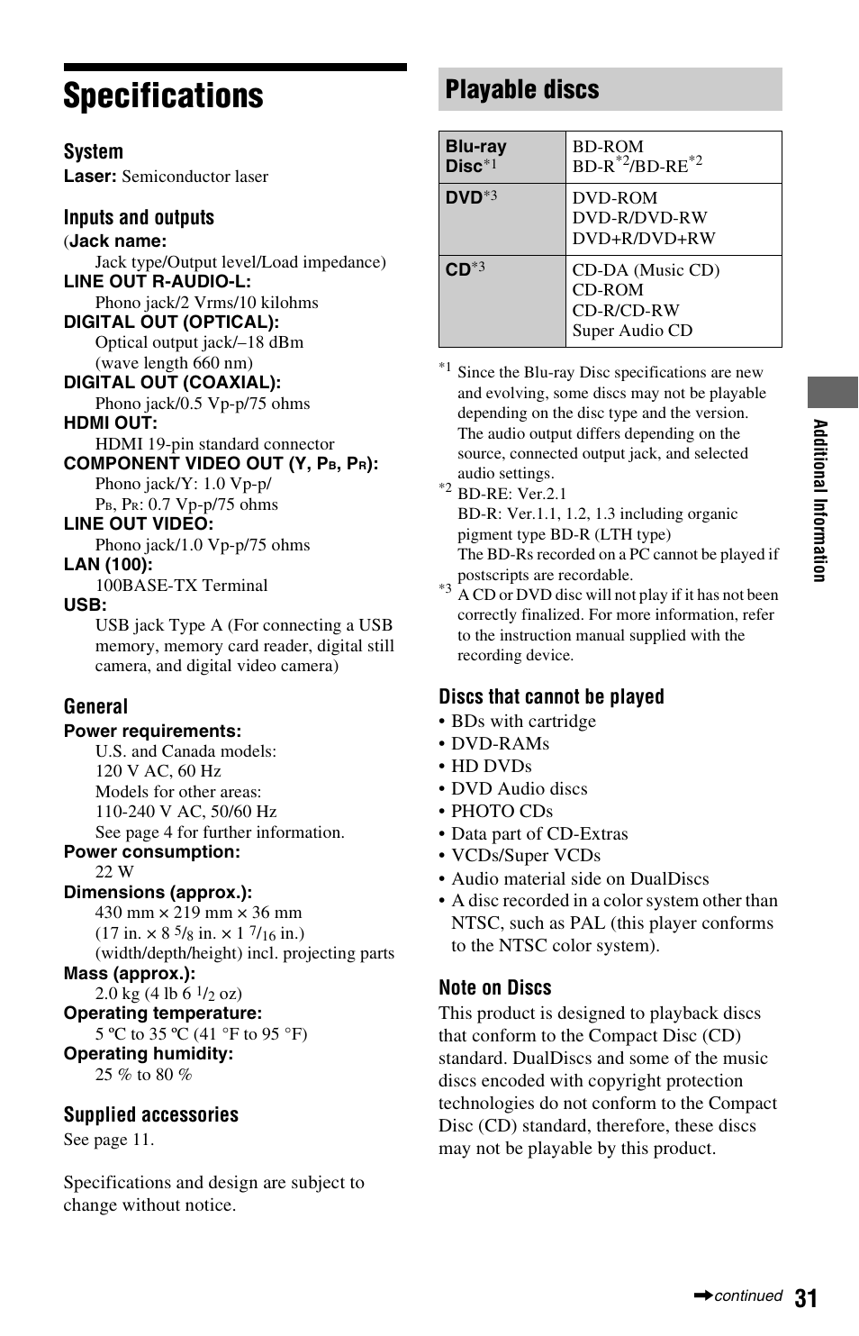 Specifications, Playable discs | Sony BDP-S470 User Manual | Page 31 / 39