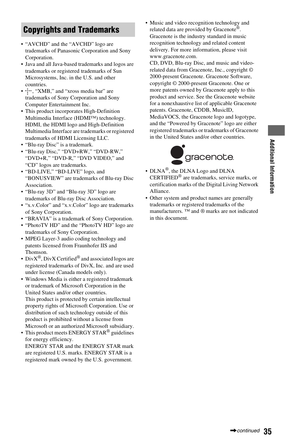 Copyrights and trademarks | Sony BDP-S470 User Manual | Page 35 / 39