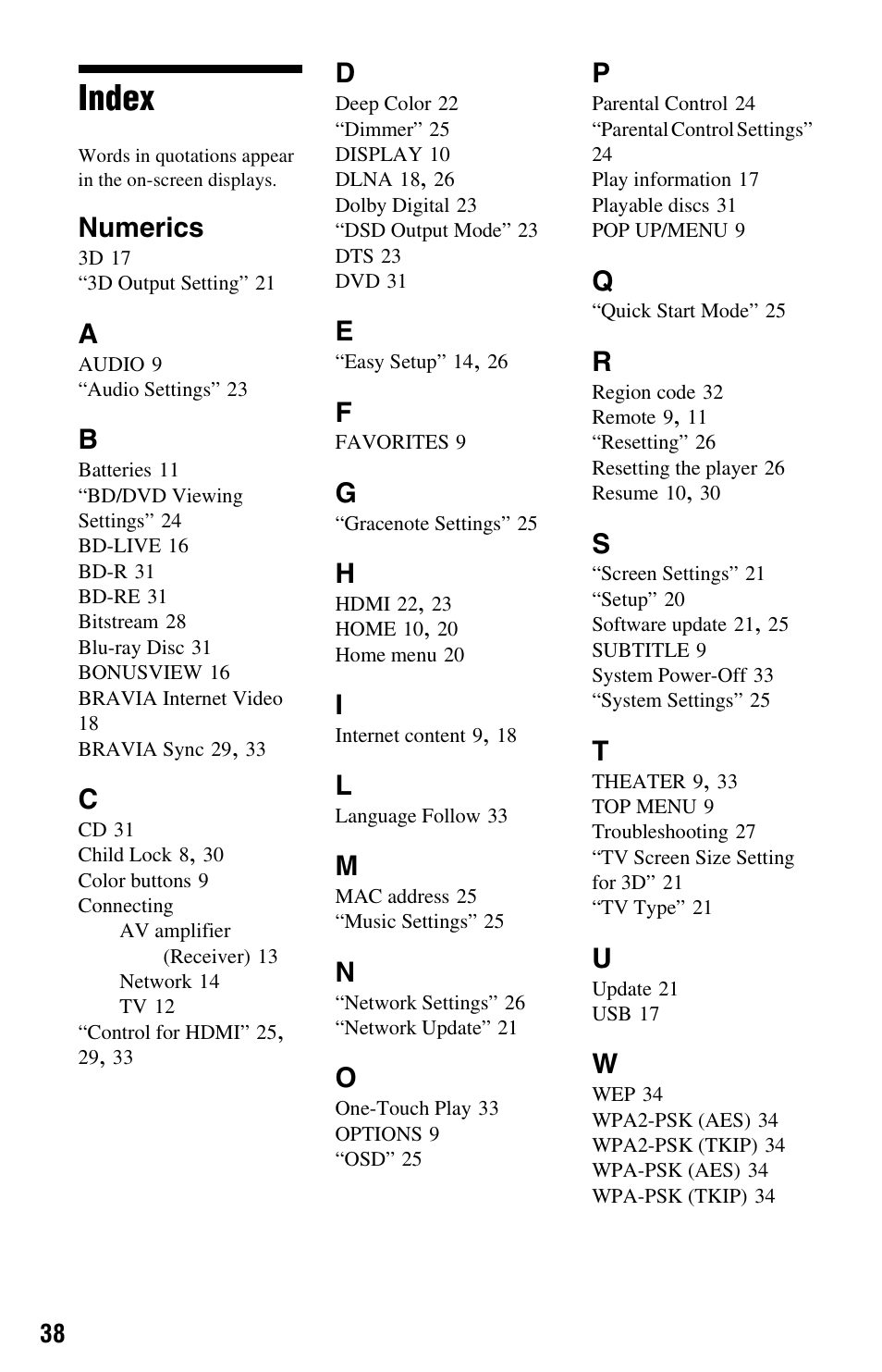 Index, Numerics | Sony BDP-S470 User Manual | Page 38 / 39