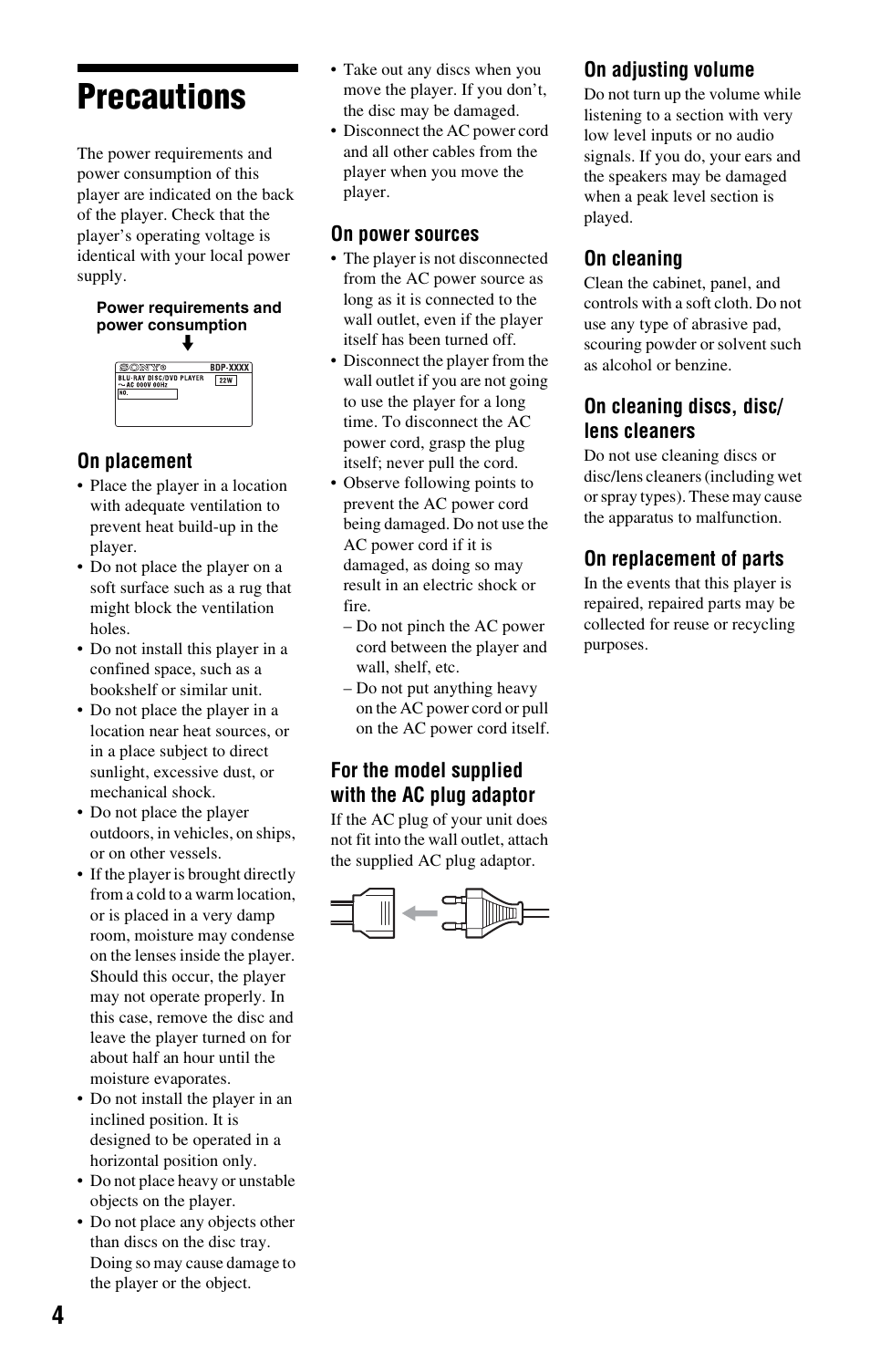 Precautions | Sony BDP-S470 User Manual | Page 4 / 39