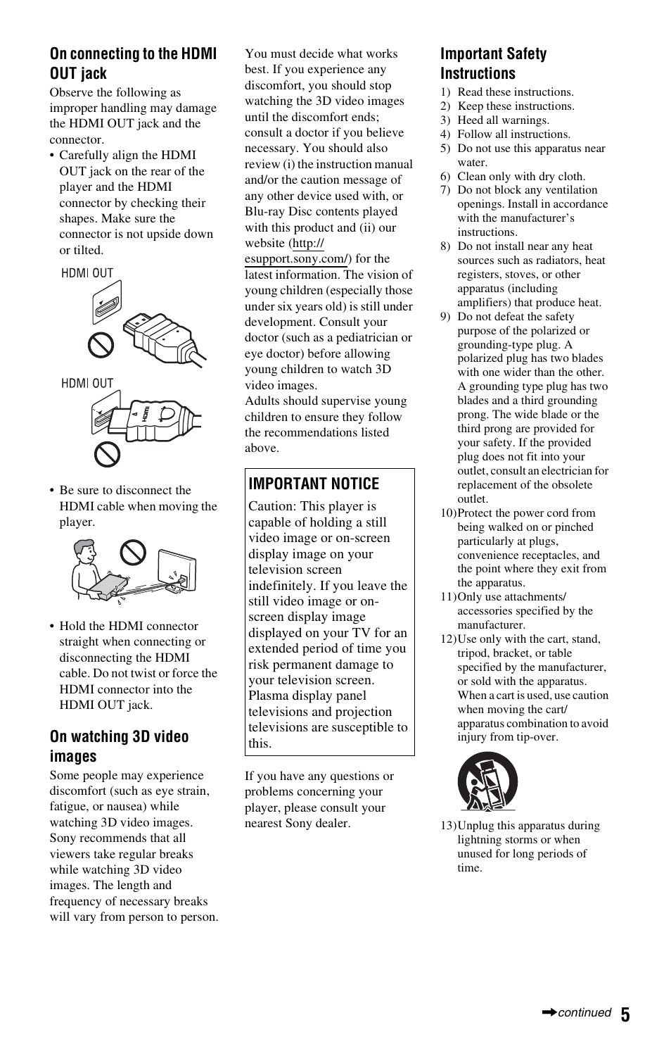 On connecting to the hdmi out jack, On watching 3d video images, Important safety instructions | Important notice | Sony BDP-S470 User Manual | Page 5 / 39