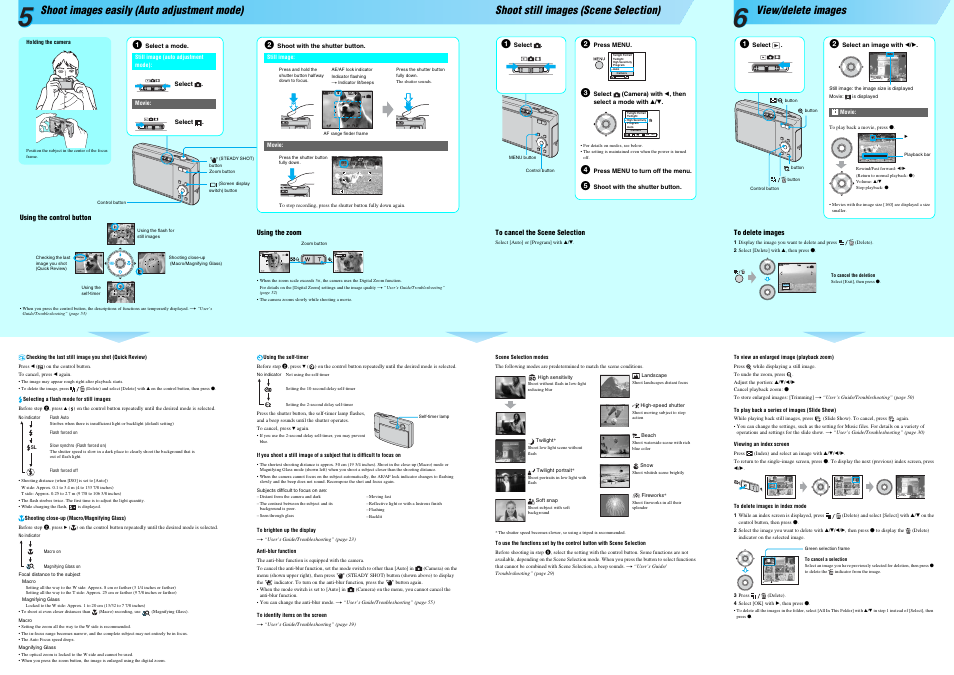 60min, Mode, Back/next | Volume vga, Std 6 4 0 stop rev/cue volume, Single display, Shoot images easily (auto adjustment mode), Shoot still images (scene selection), View/delete images | Sony DSC-T30 User Manual | Page 2 / 2